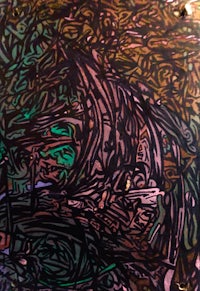 an abstract painting of a tree in a dark room