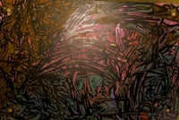 an abstract painting with pink and brown colors