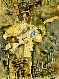 a painting of a man playing an electric guitar