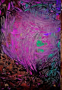 an abstract painting with purple, blue, and green colors