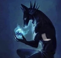 a black and white image of a demon holding a blue ball